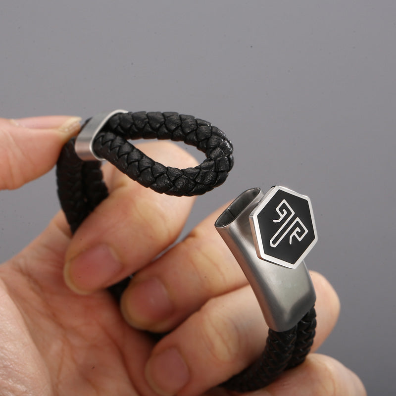 2shup Hexagon Steel Woven Leather Bracelet