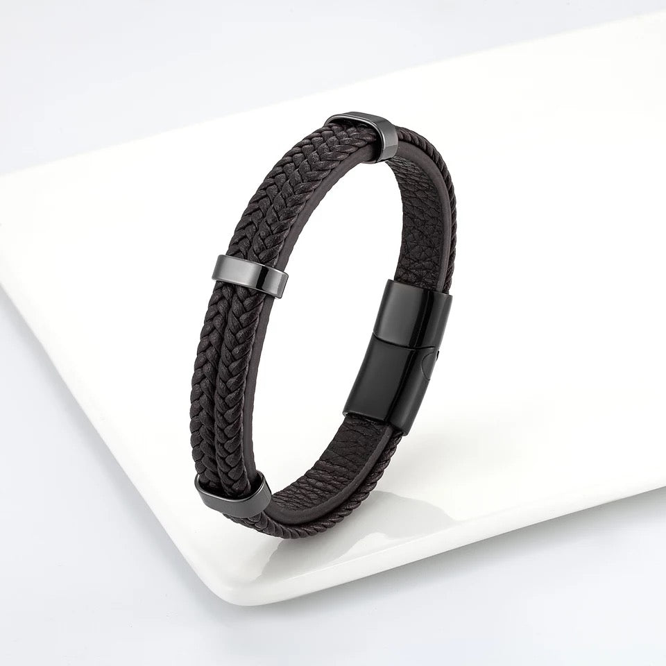 2-Strap Braided Leather and Steel Bracelet