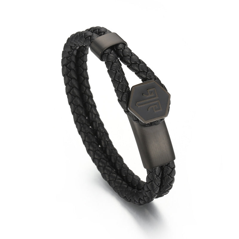 2shup Hexagon Steel Woven Leather Bracelet