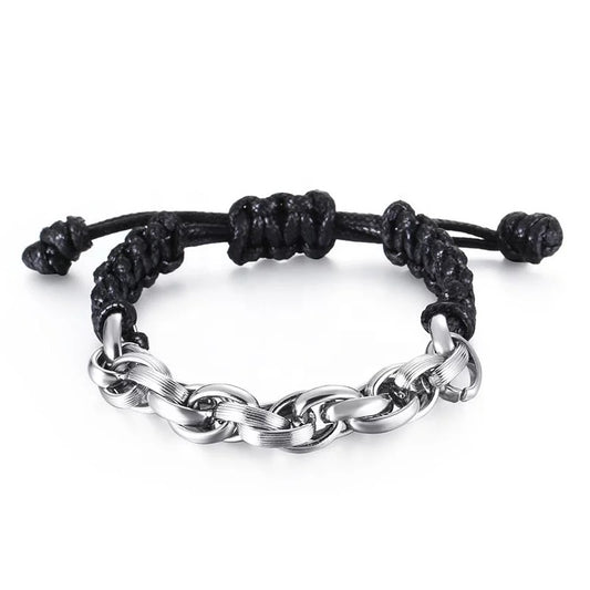 Stainless Steel Link Chain Leather Rope Bracelet