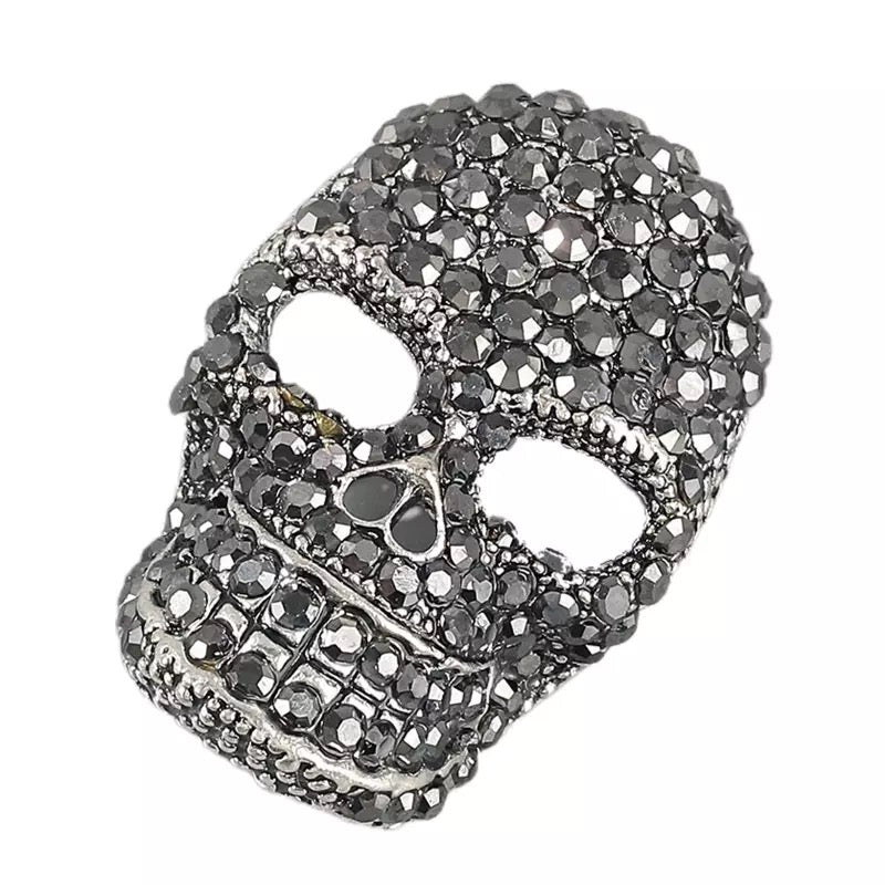 Large Black Rhinestone Skull Brooch