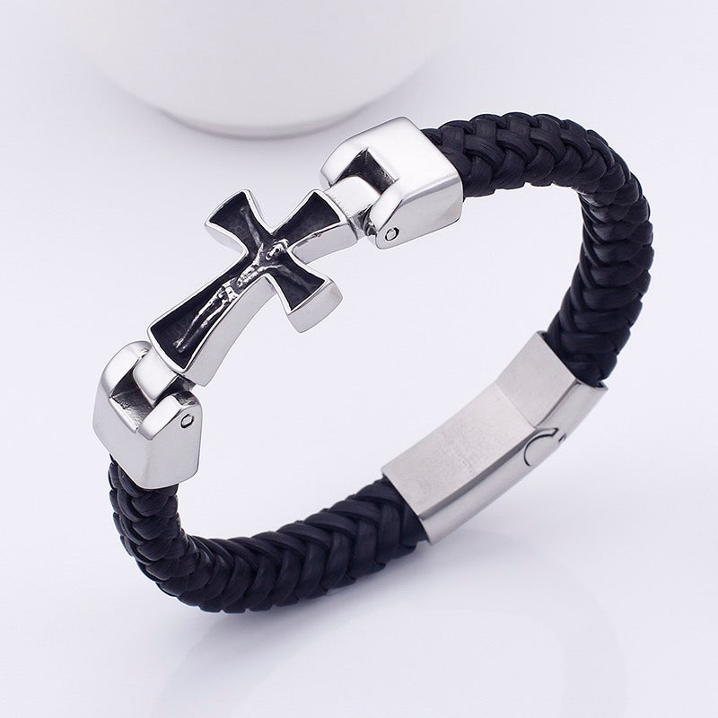 2shup 316L Steel Crucifix and Woven Leather Bracelets