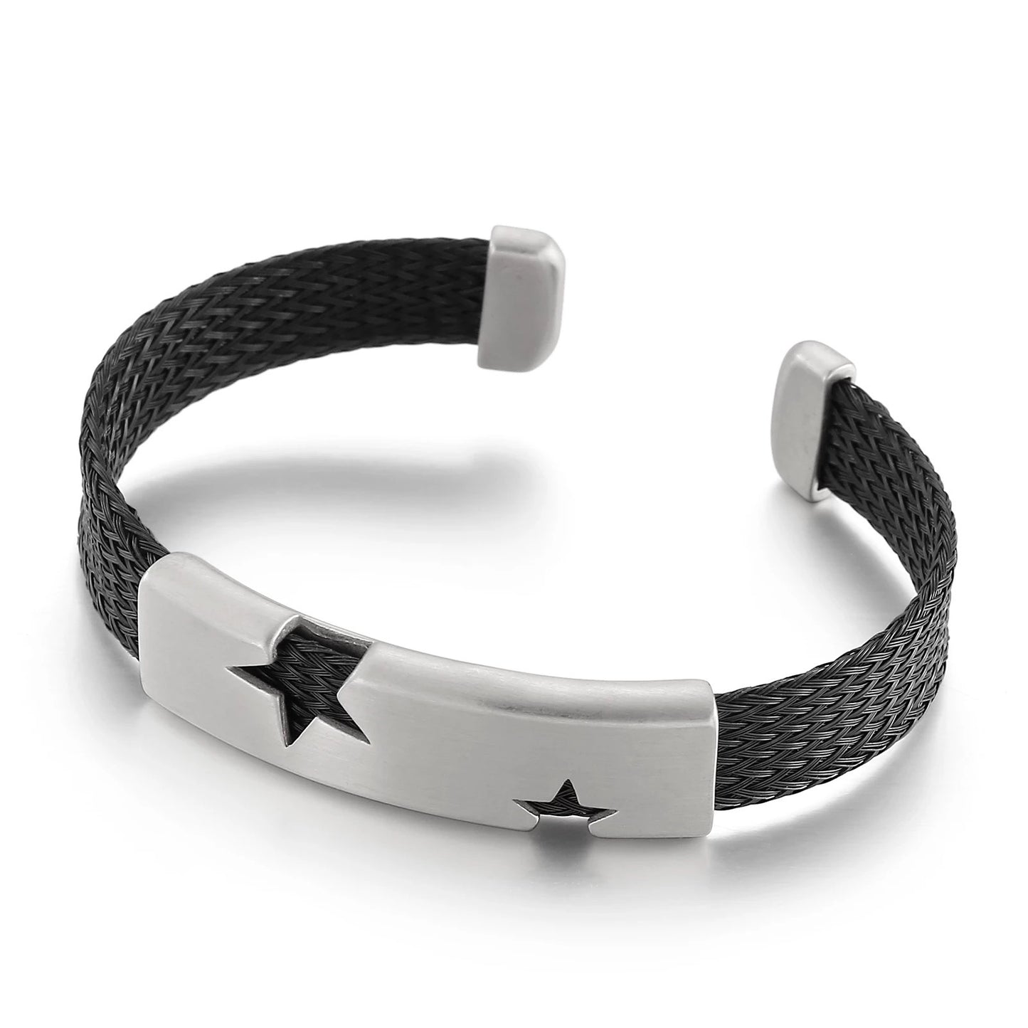 Stars Steel and Woven Leather Cuff Bracelets