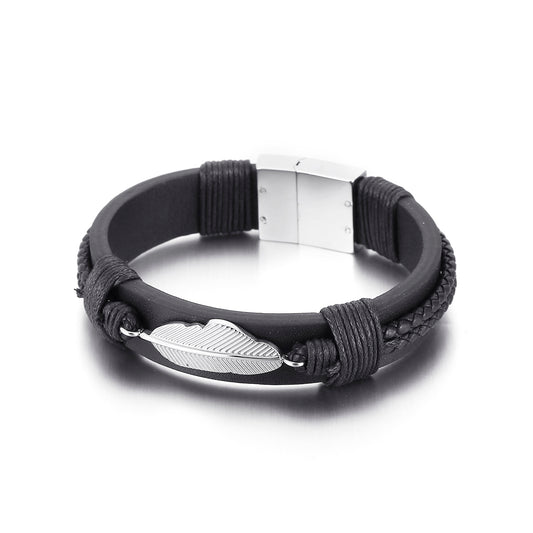 2shup 316L Steel Feather Double Layer Leather Bracelet