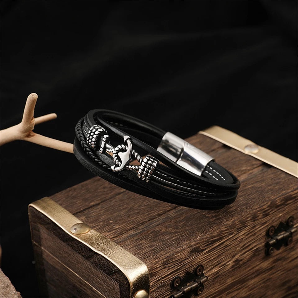 High Quality Steel Anchor Multi-strap Leather Bracelet