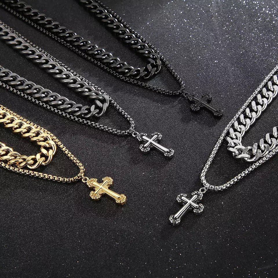 Retro Cross Pendant Double Layer Link Chain 316L Stainless Steel Necklace