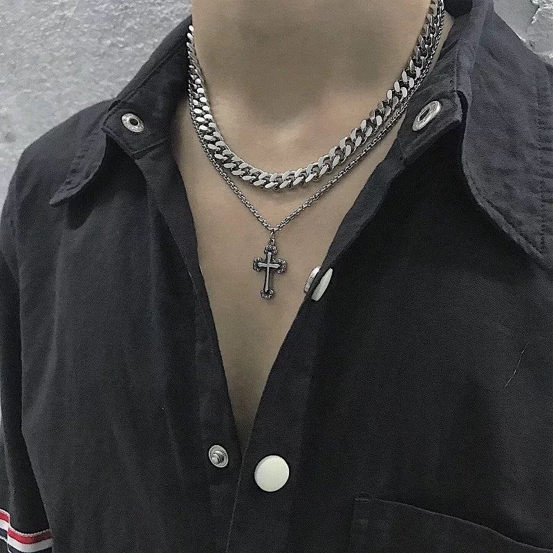 Retro Cross Pendant Double Layer Link Chain 316L Stainless Steel Necklace