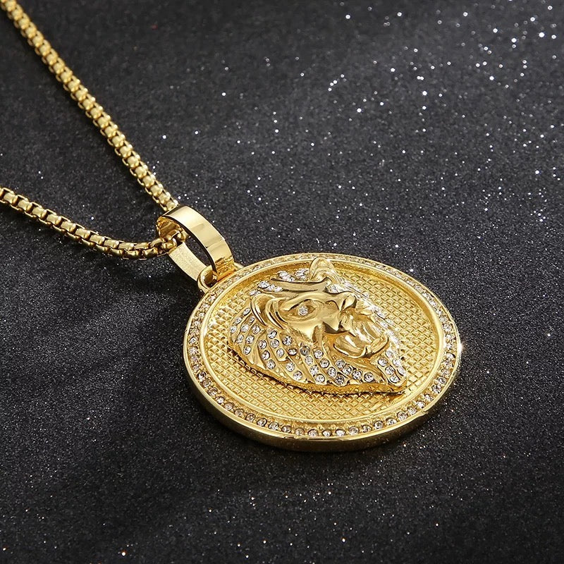 Golden Lion Head Zircon Pendant Chain Necklace