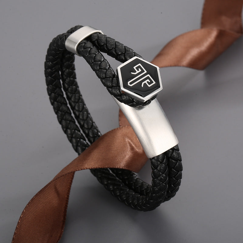 2shup Hexagon Steel Woven Leather Bracelet