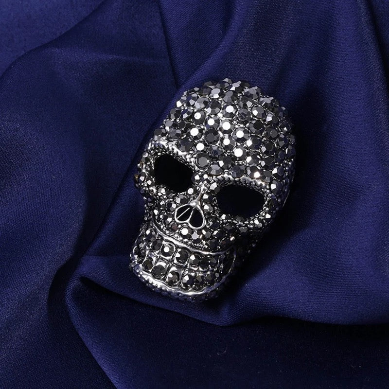 Large Black Rhinestone Skull Brooch