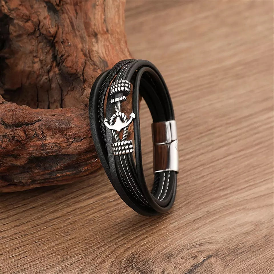 High Quality Steel Anchor Multi-strap Leather Bracelet