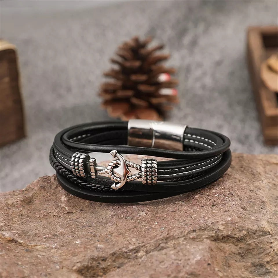 High Quality Steel Anchor Multi-strap Leather Bracelet