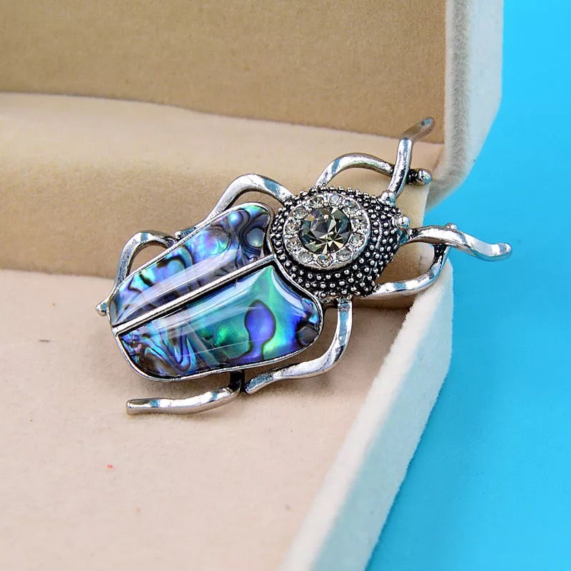 Abalone Shell Rhinestone Beetle Brooch