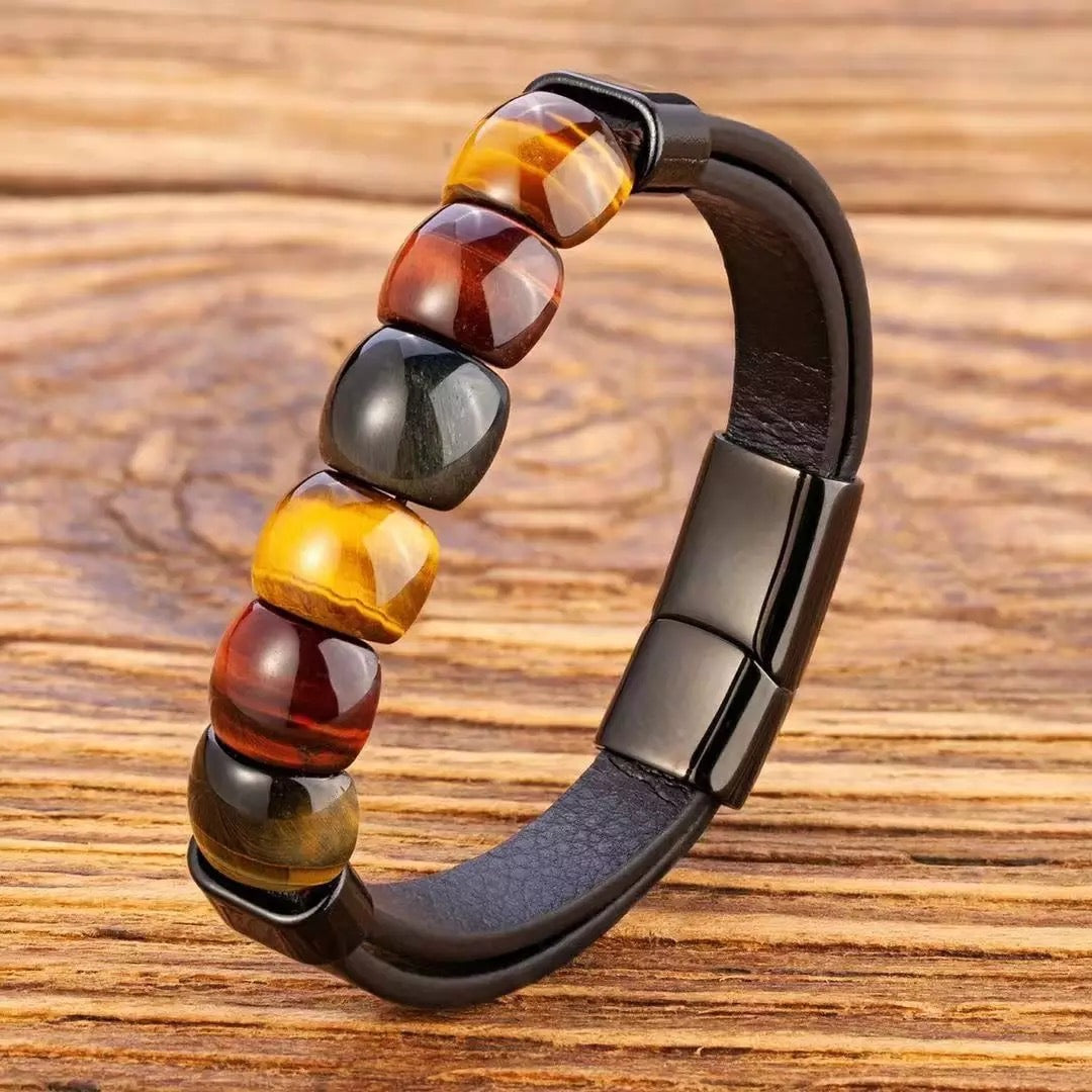 Natural Tiger-eye Stones Ring Face Leather Bracelet