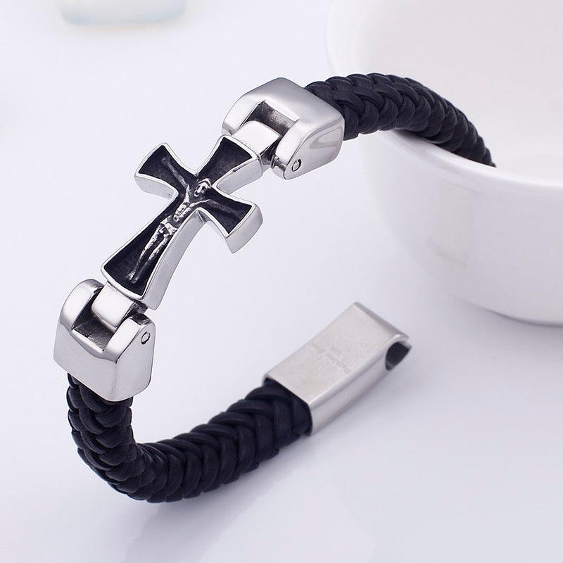 2shup 316L Steel Crucifix and Woven Leather Bracelets