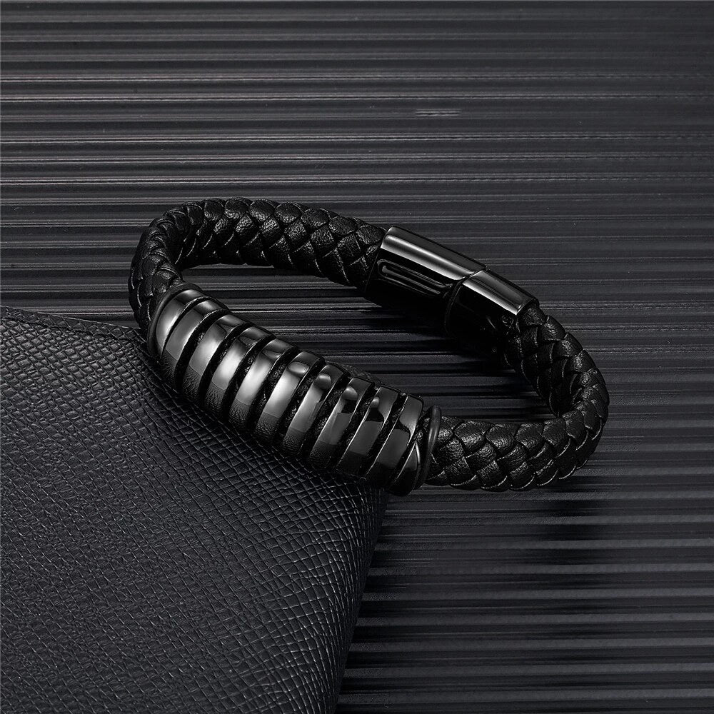 Locomotive Braided Leather and Steel Bracelet