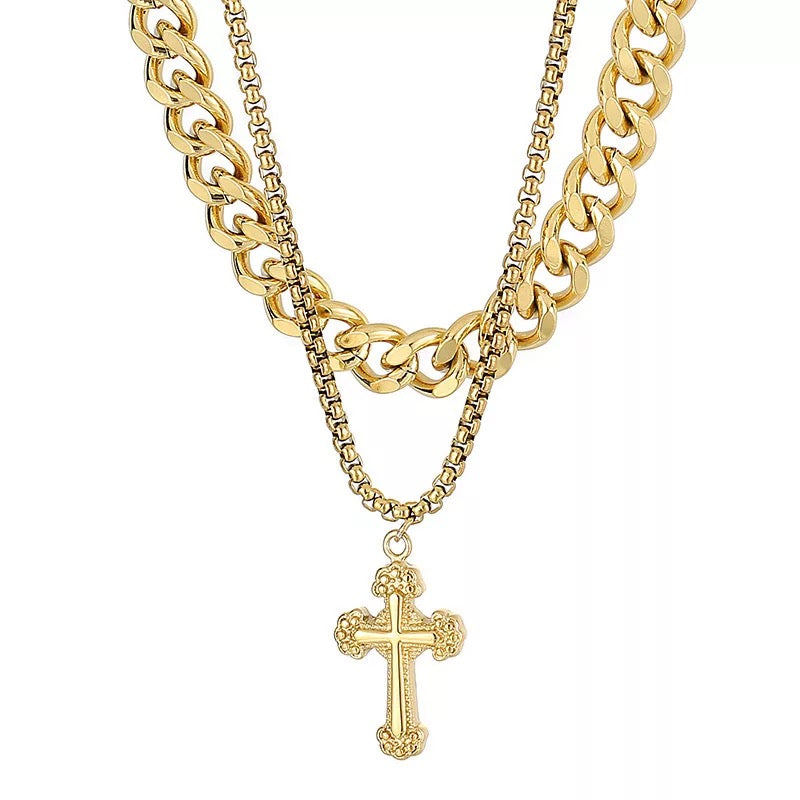 Retro Cross Pendant Double Layer Link Chain 316L Stainless Steel Necklace