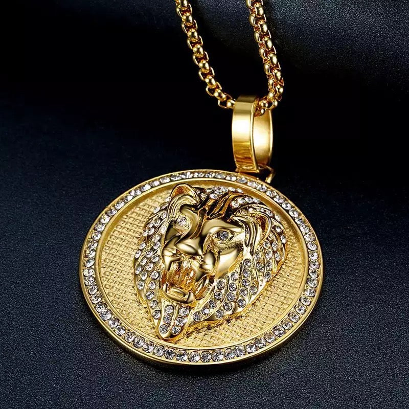 Golden Lion Head Zircon Pendant Chain Necklace