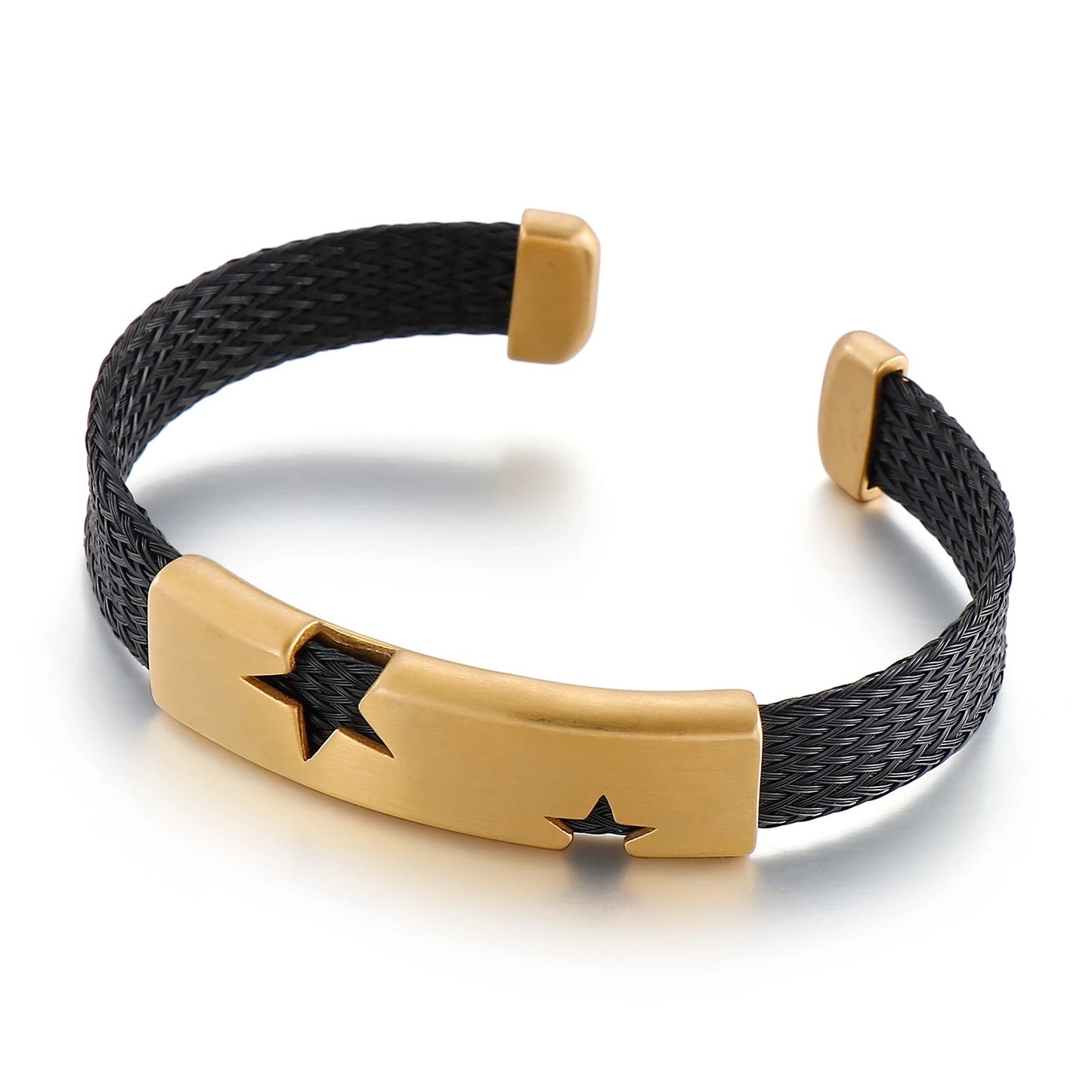 Stars Steel and Woven Leather Cuff Bracelets