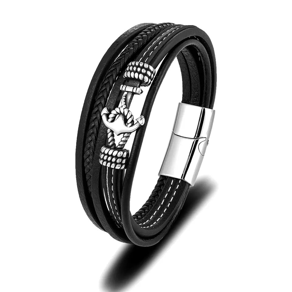 High Quality Steel Anchor Multi-strap Leather Bracelet