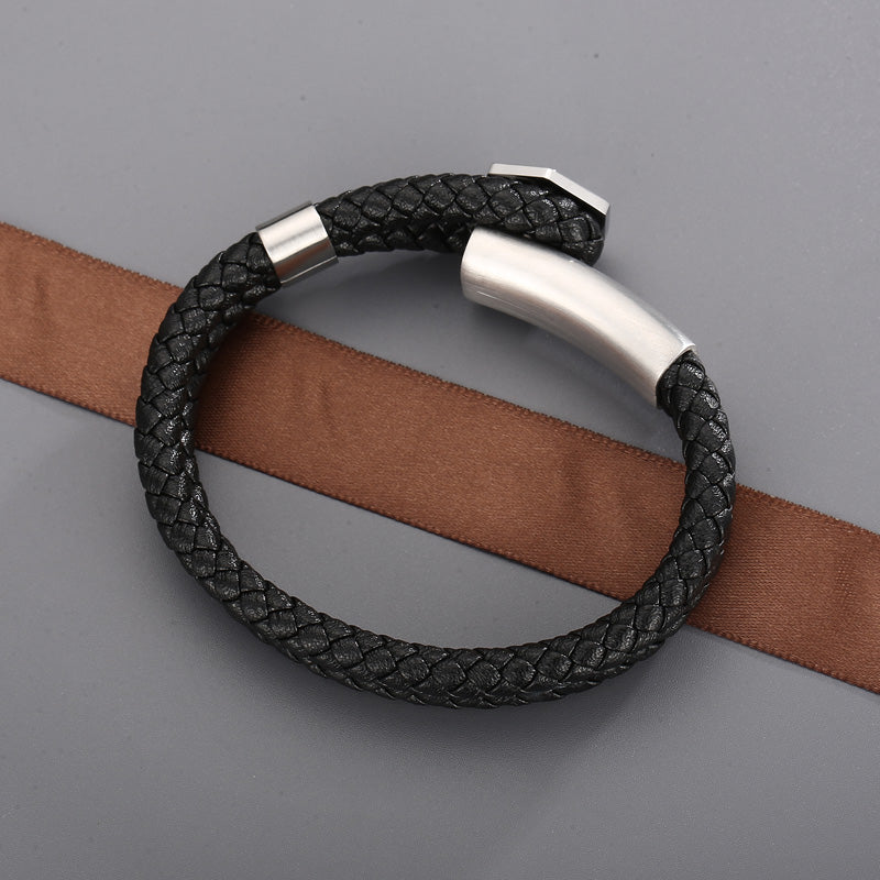 2shup Hexagon Steel Woven Leather Bracelet