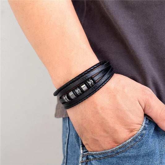 Wind Wheel Beads 5 Layer Leather and Steel Bracelet