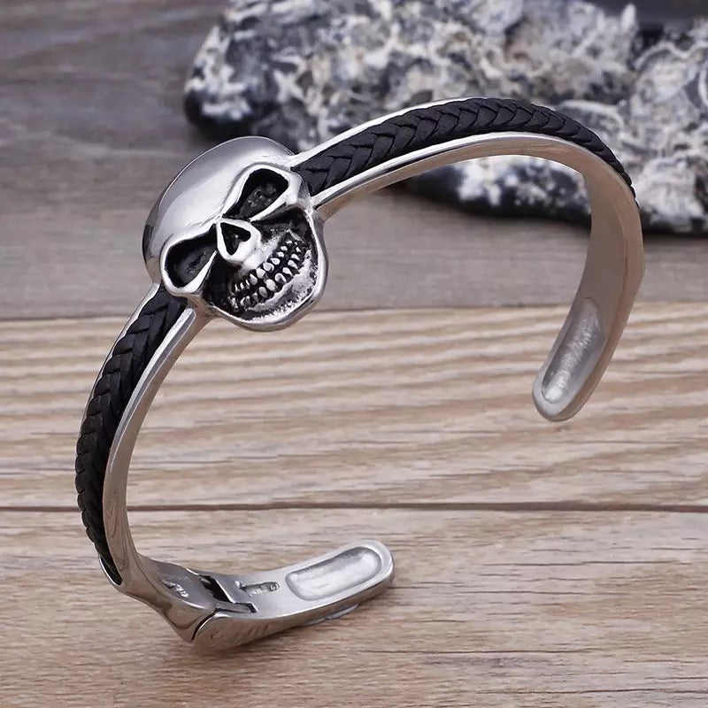 2shup Skull Head Steel and Braided Leather Cuff Bracelet