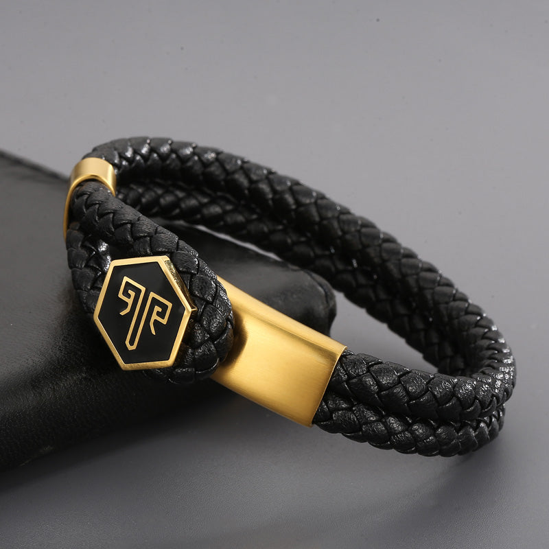 2shup Hexagon Steel Woven Leather Bracelet