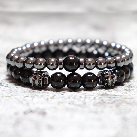 2Pcs Natural Obsidian Hematite Beads Bracelets