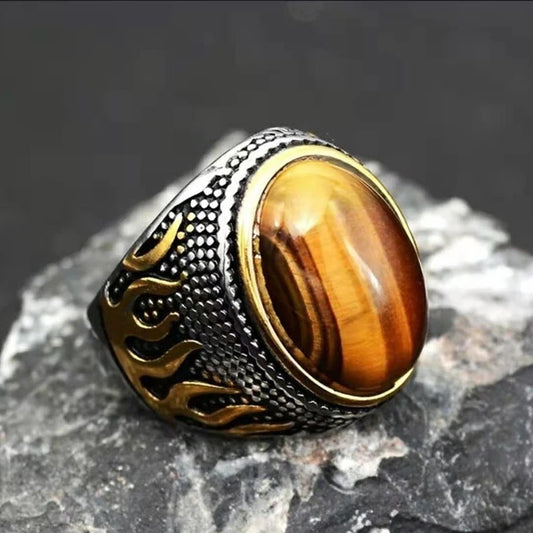 Vintage Flames Tiger-eye Stone Steel Ring for Men