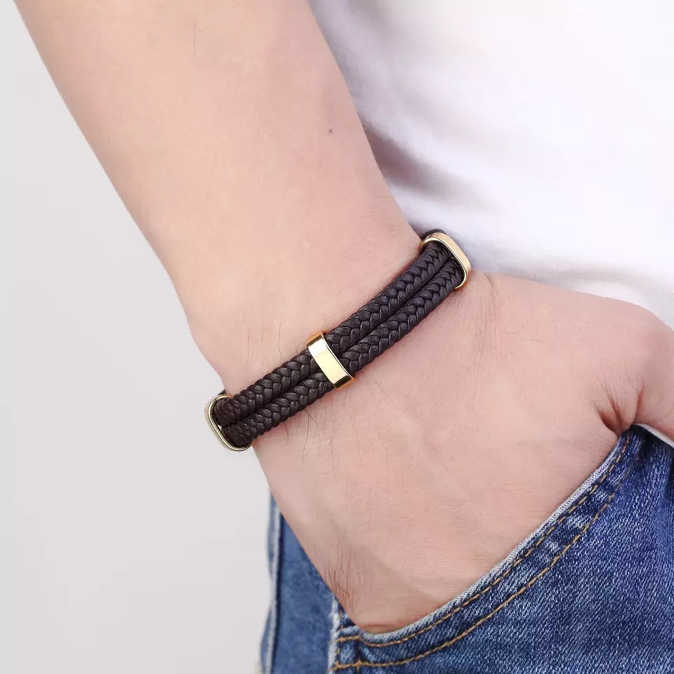 2-Strap Braided Leather and Steel Bracelet