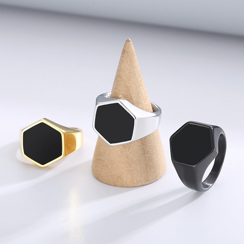 Smooth Hexagon Steel Signet Ring for Men