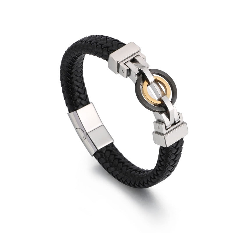 2shup 316L Steel Double Cirle Woven Leather Bracelets