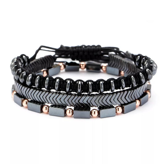 3pcs set Braided Rope Natural Hematite Adjustable Bracelets