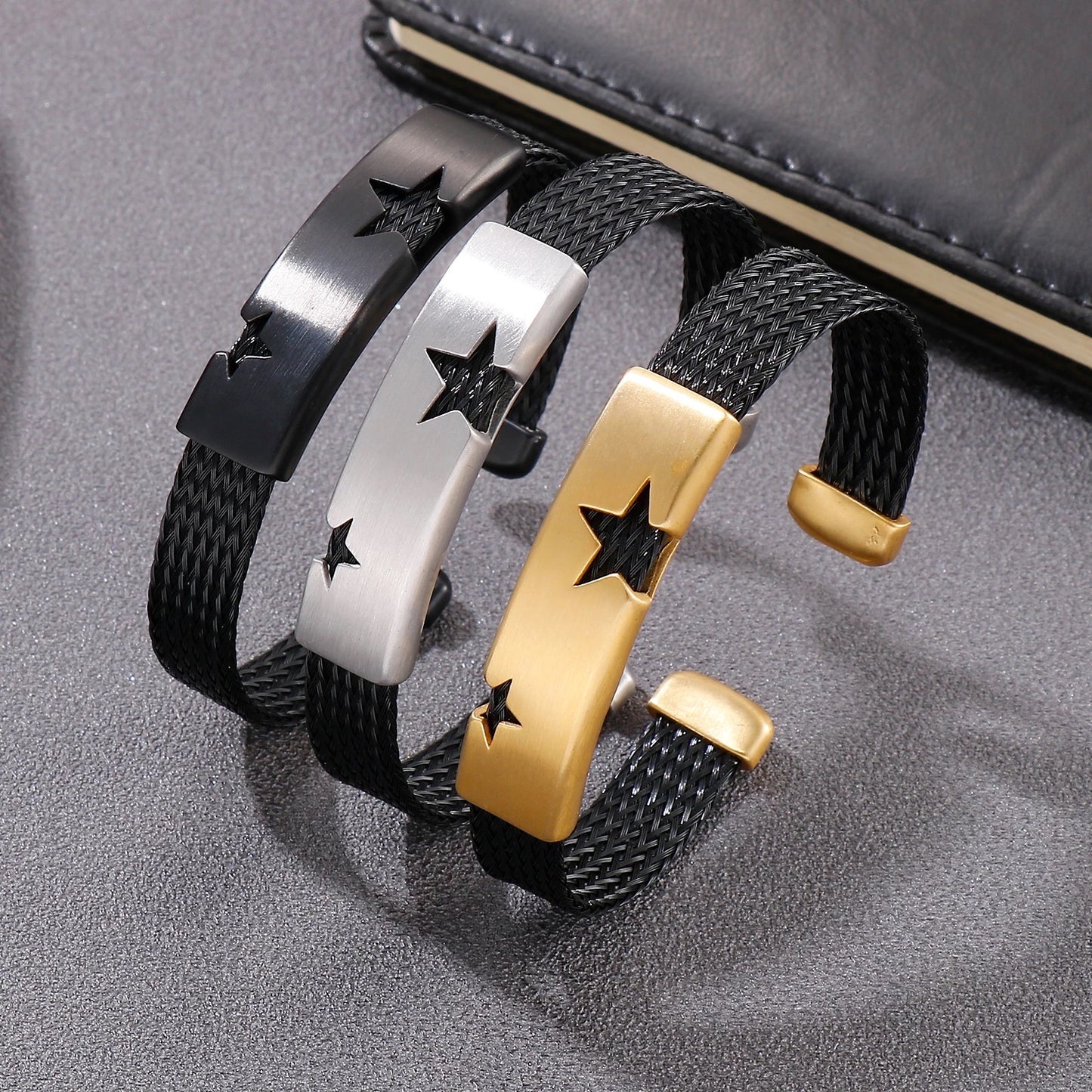 Stars Steel and Woven Leather Cuff Bracelets