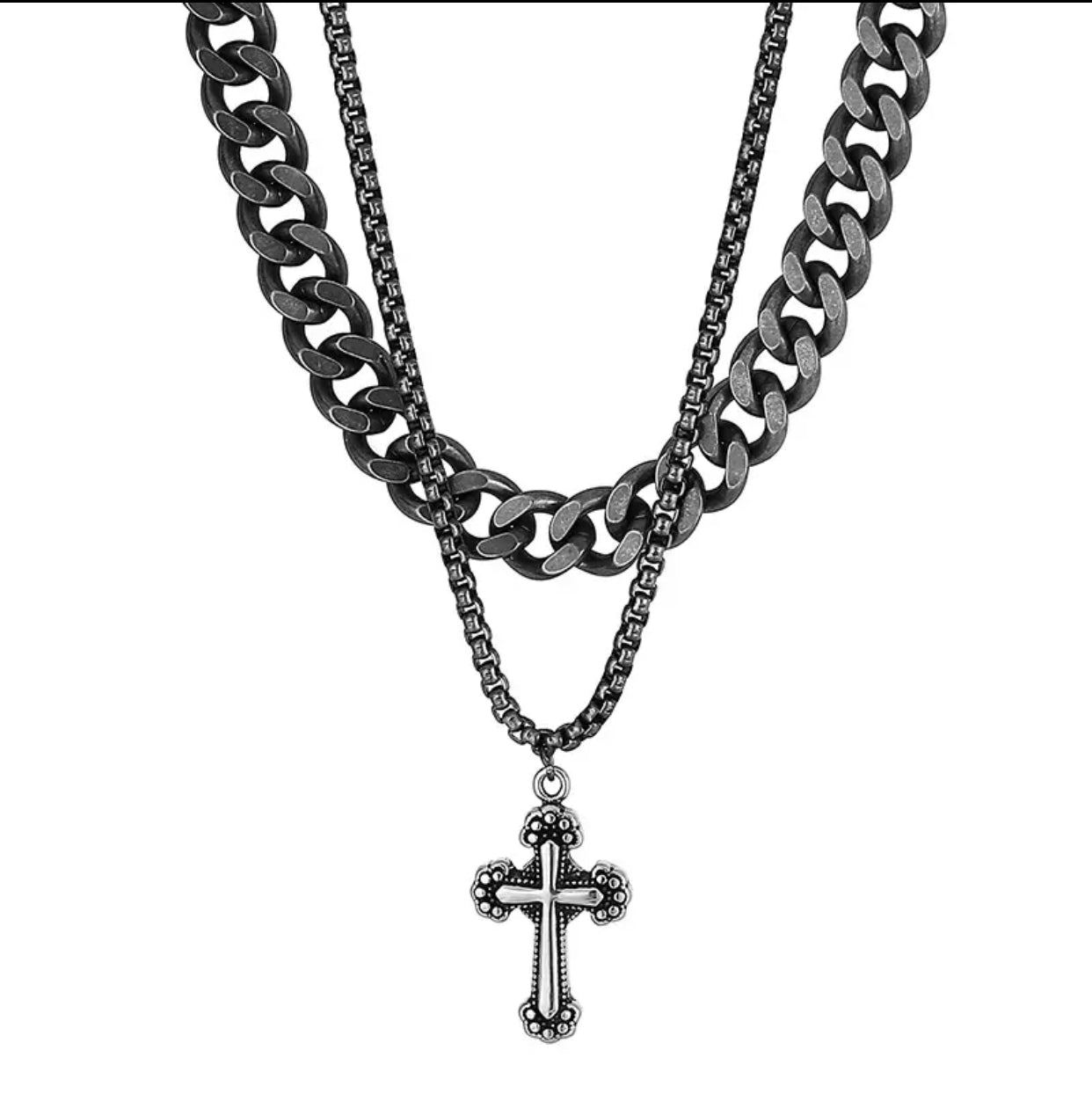 Retro Cross Pendant Double Layer Link Chain 316L Stainless Steel Necklace