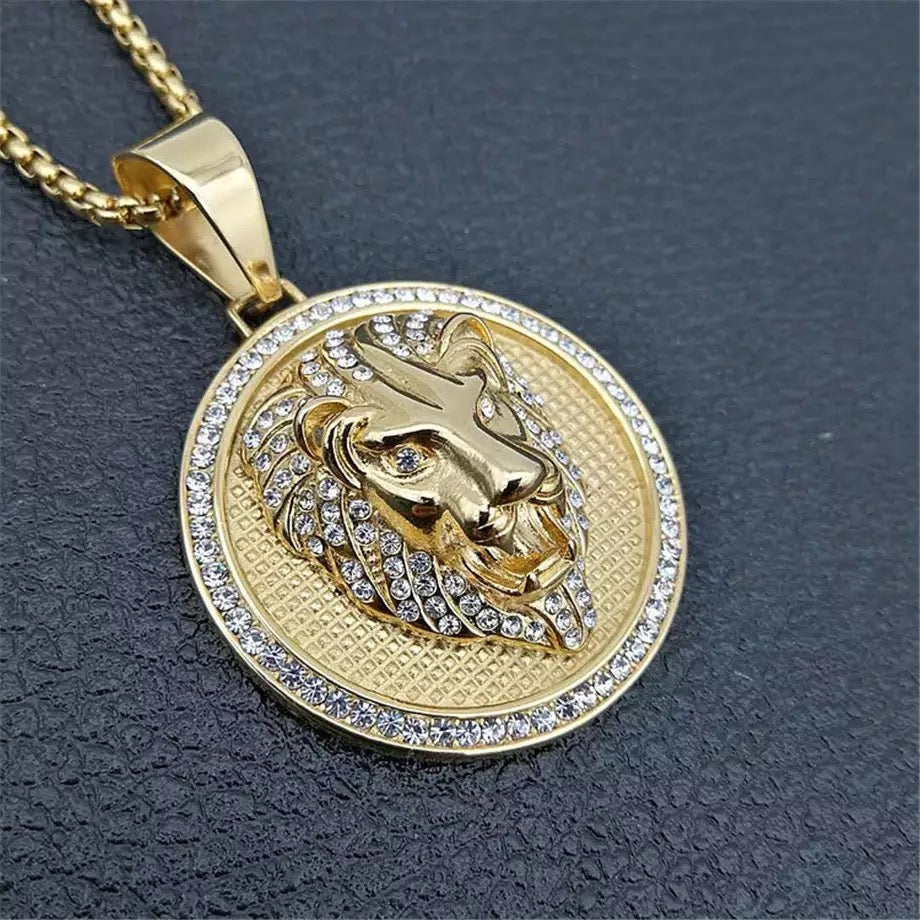 Golden Lion Head Zircon Pendant Chain Necklace