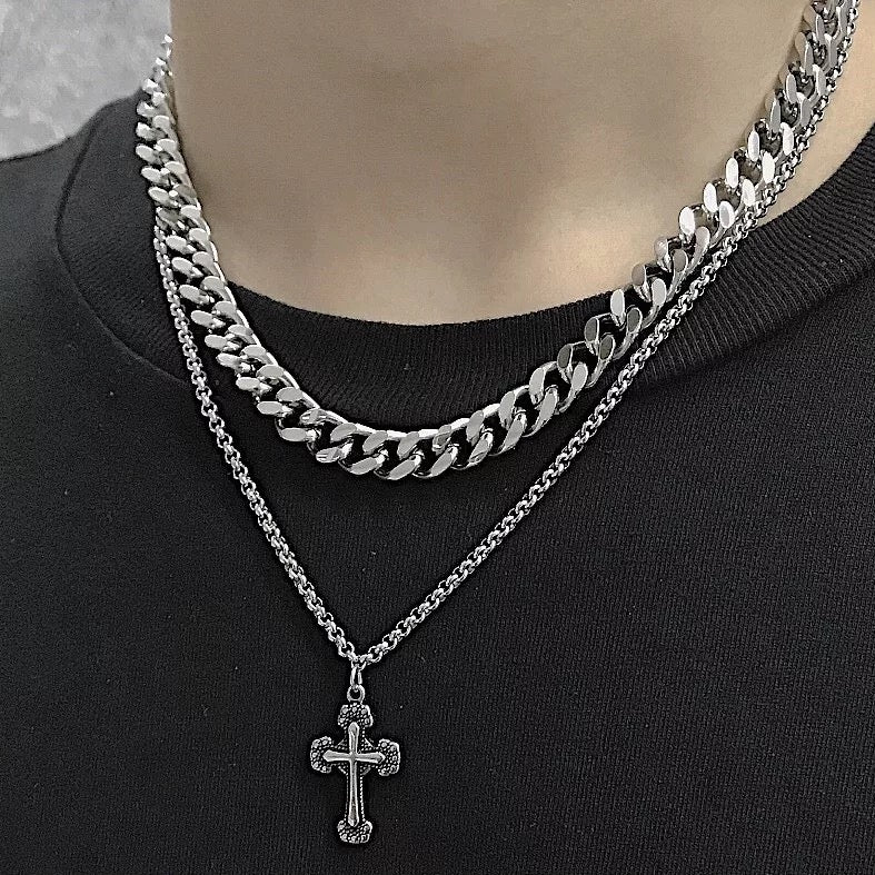 Retro Cross Pendant Double Layer Link Chain 316L Stainless Steel Necklace