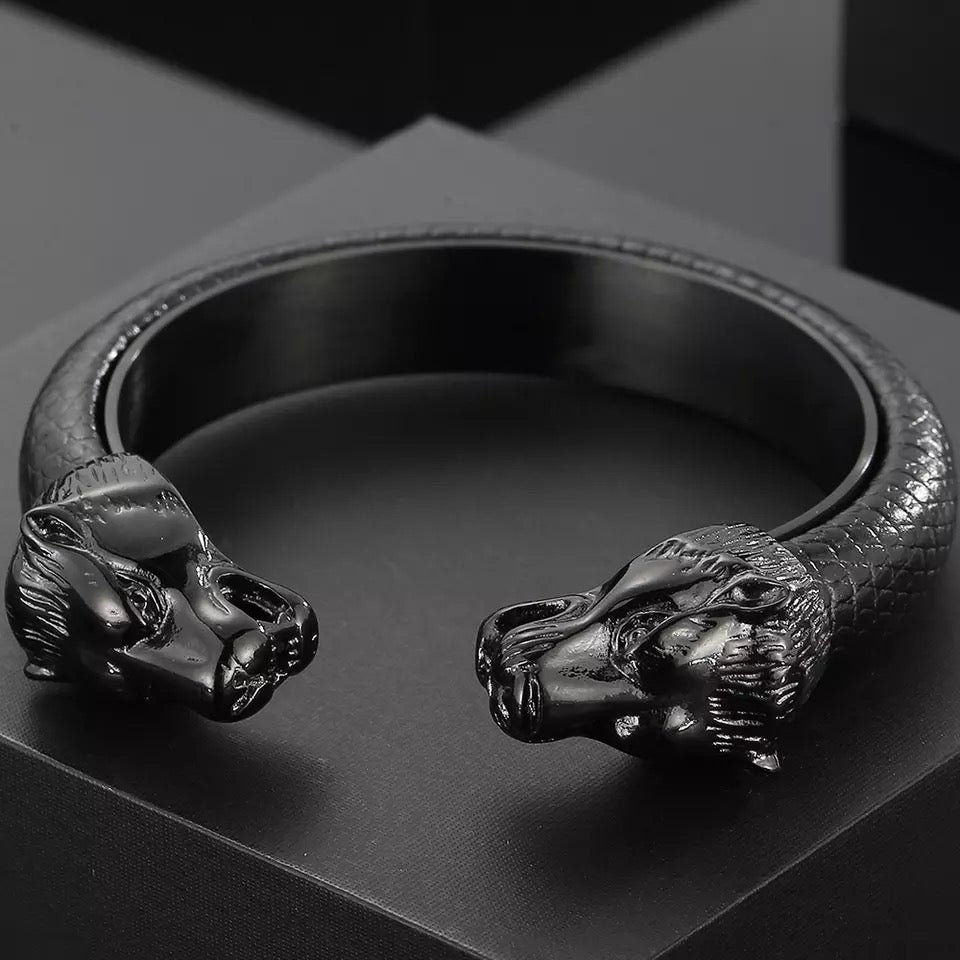 Panther Head Braided Leather and Steel Cuff Bracelet