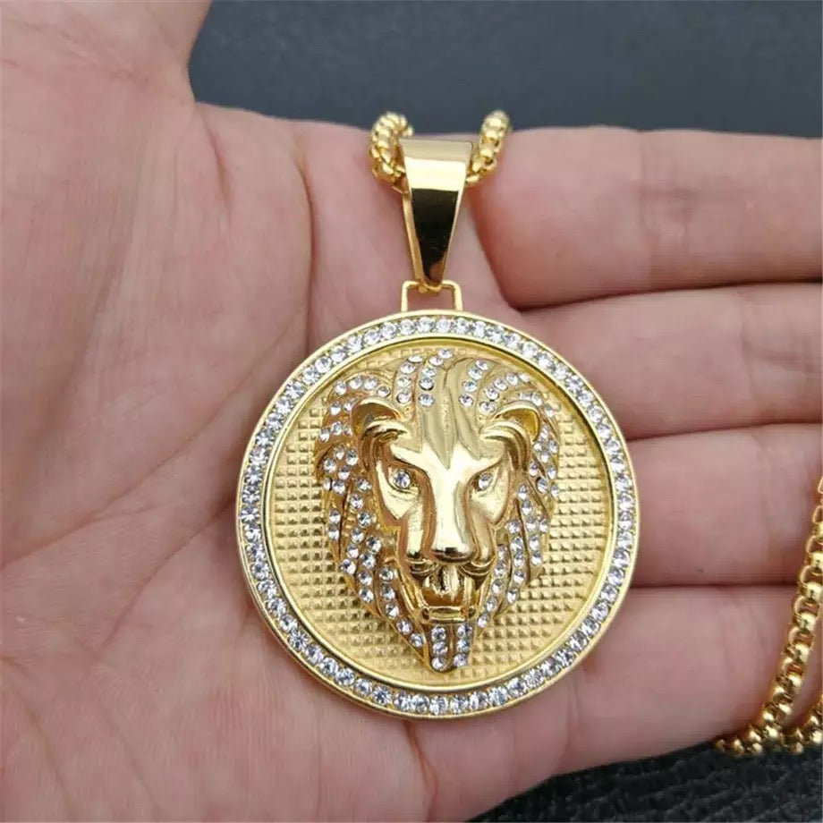 Golden Lion Head Zircon Pendant Chain Necklace