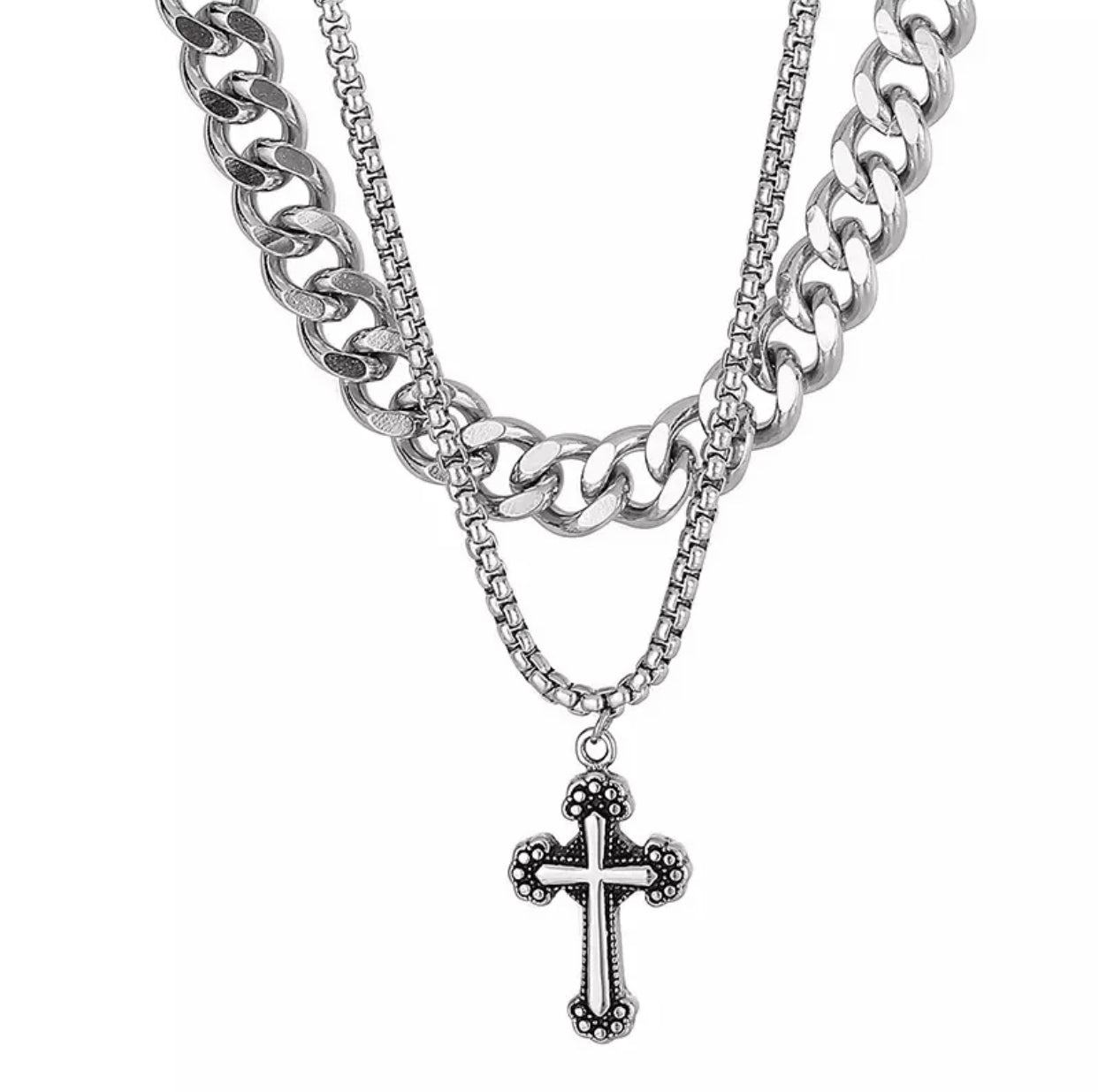 Retro Cross Pendant Double Layer Link Chain 316L Stainless Steel Necklace