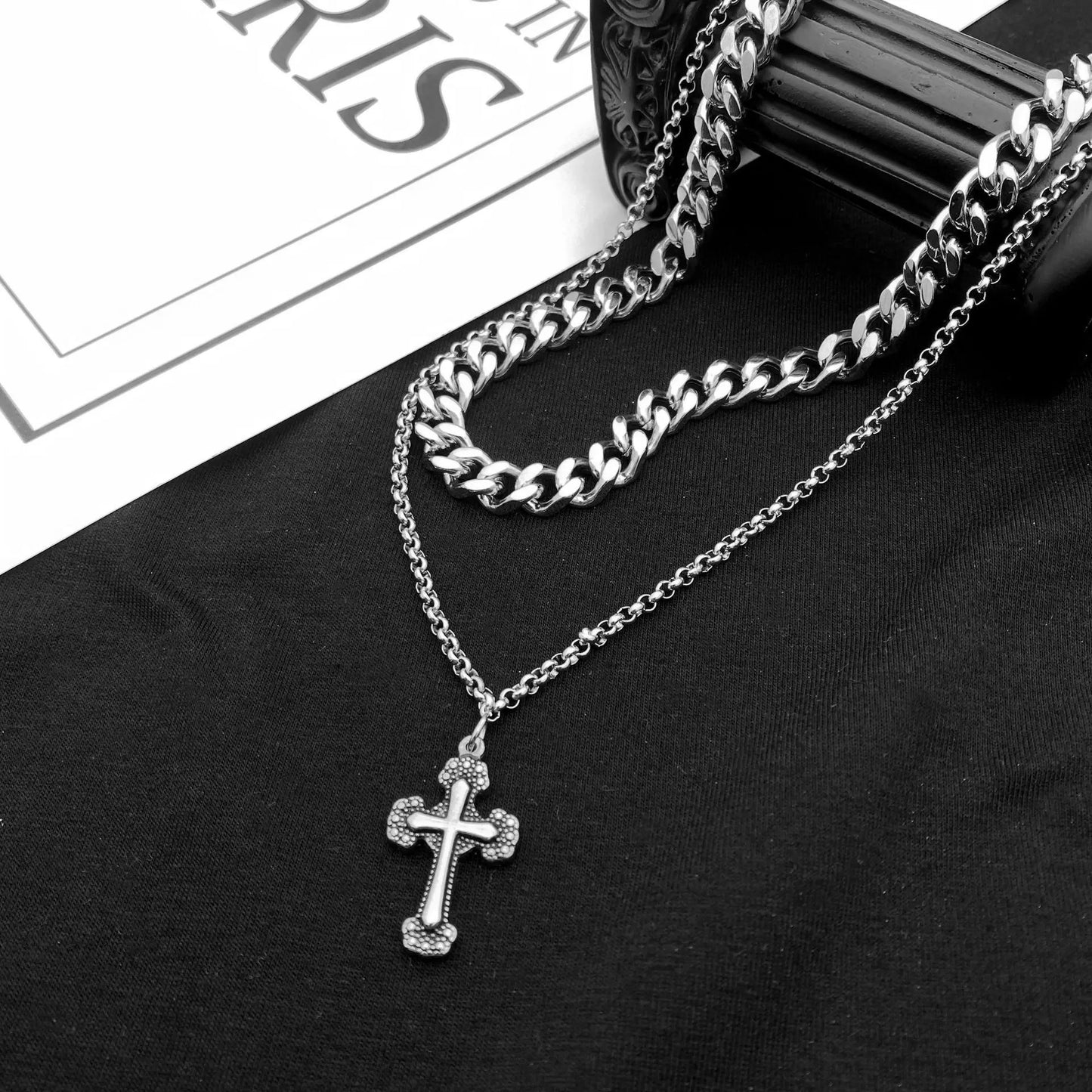 Retro Cross Pendant Double Layer Link Chain 316L Stainless Steel Necklace