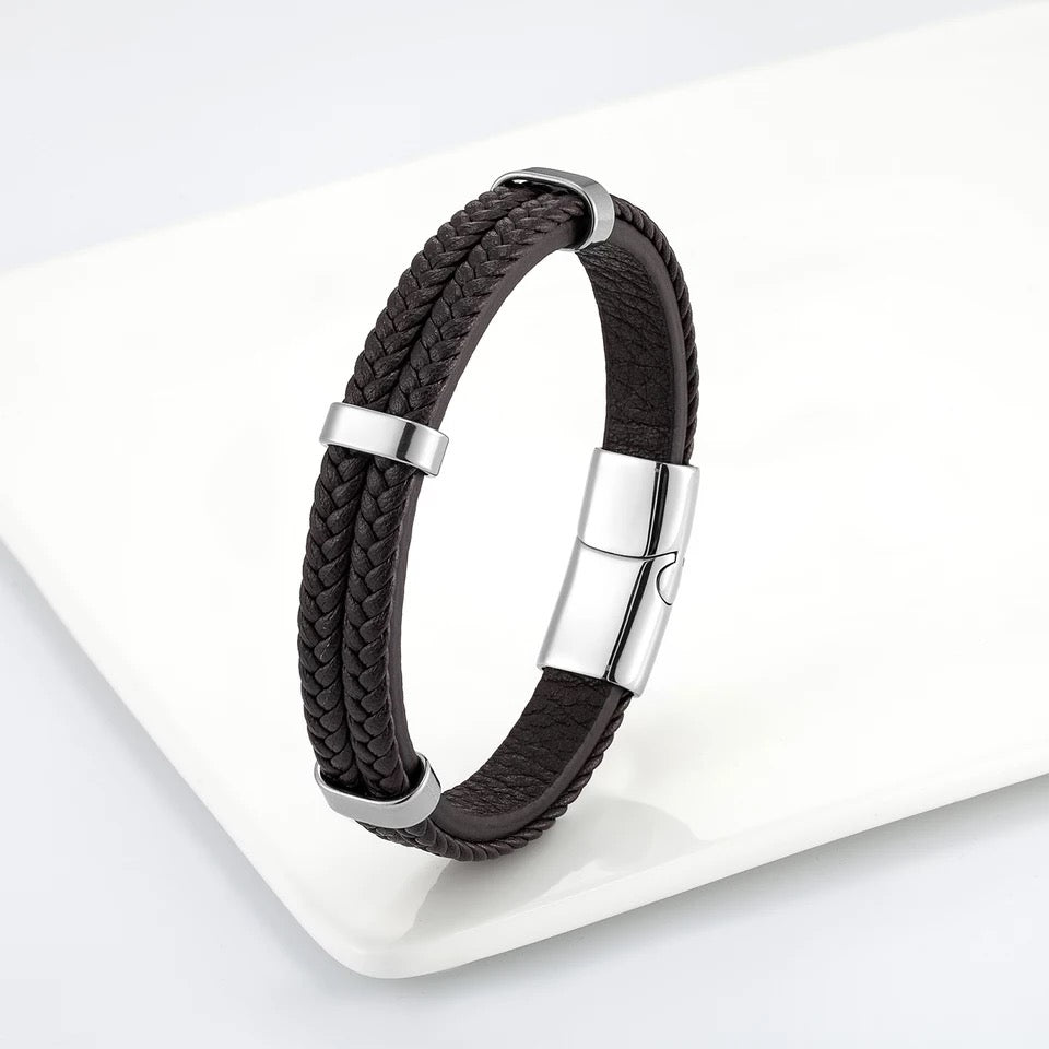 2-Strap Braided Leather and Steel Bracelet