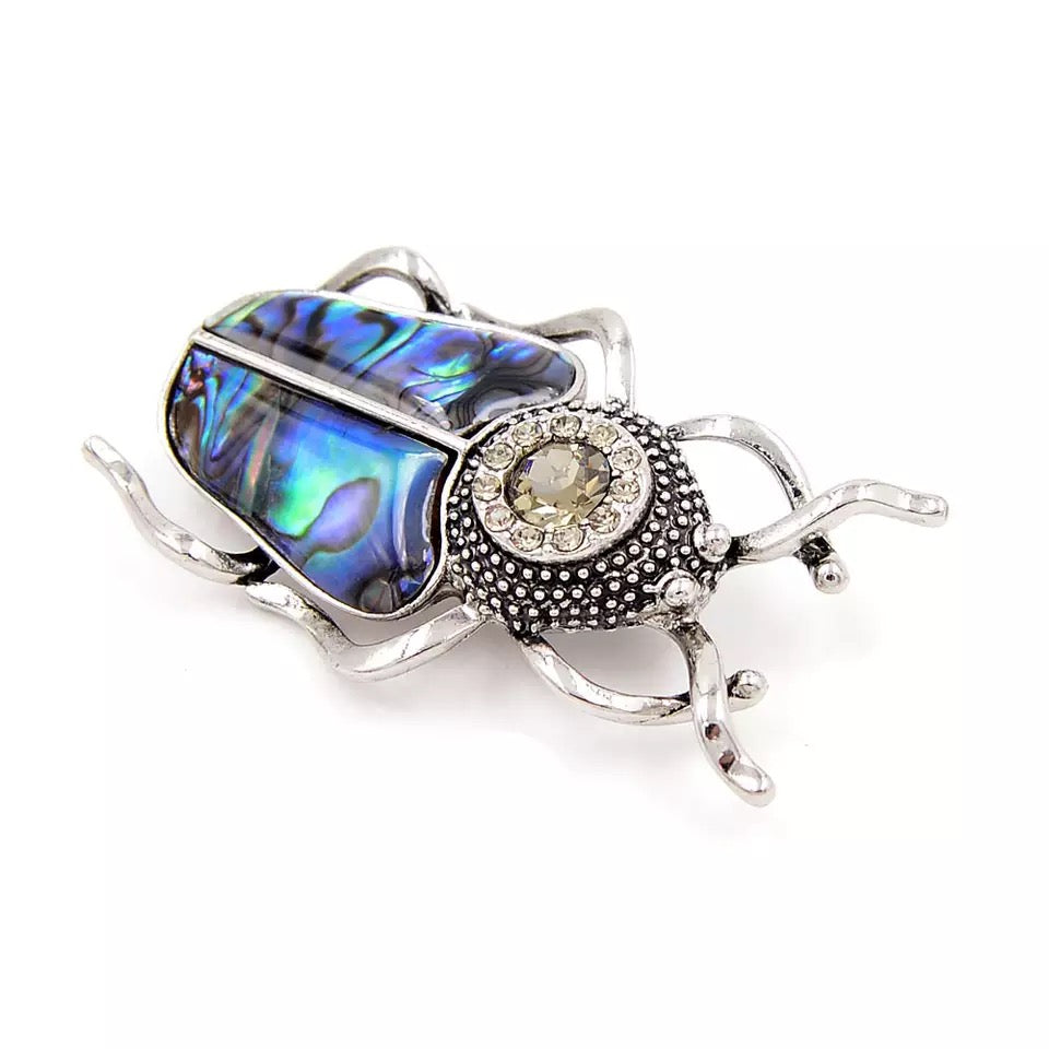 Abalone Shell Rhinestone Beetle Brooch