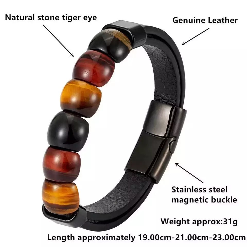 Natural Tiger-eye Stones Ring Face Leather Bracelet