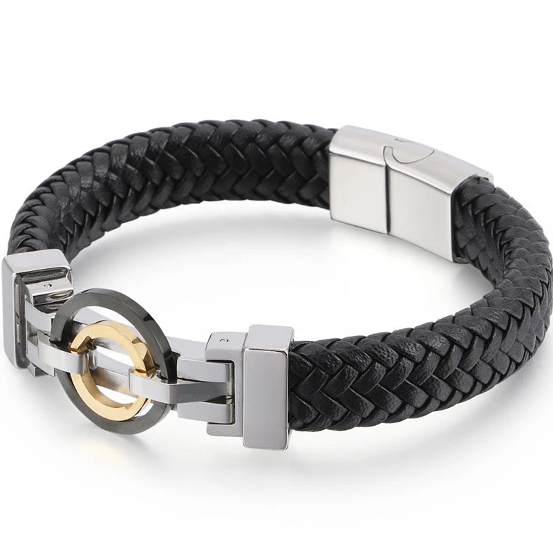 2shup 316L Steel Double Cirle Woven Leather Bracelets