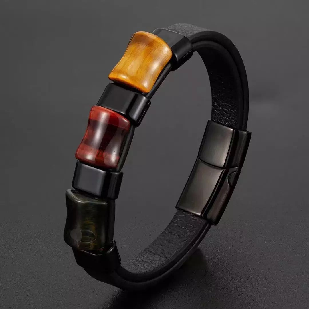 Square Natural Stones Leather and Steel Bracelet