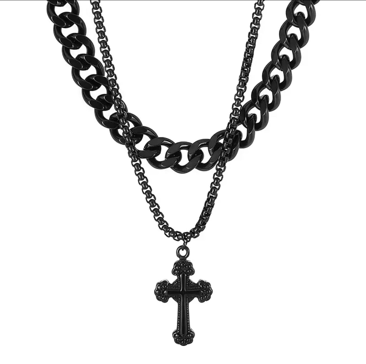 Retro Cross Pendant Double Layer Link Chain 316L Stainless Steel Necklace