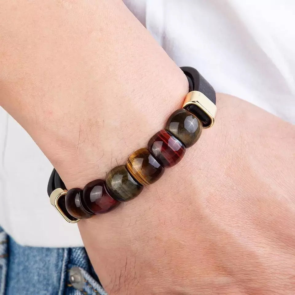 Natural Tiger-eye Stones Ring Face Leather Bracelet