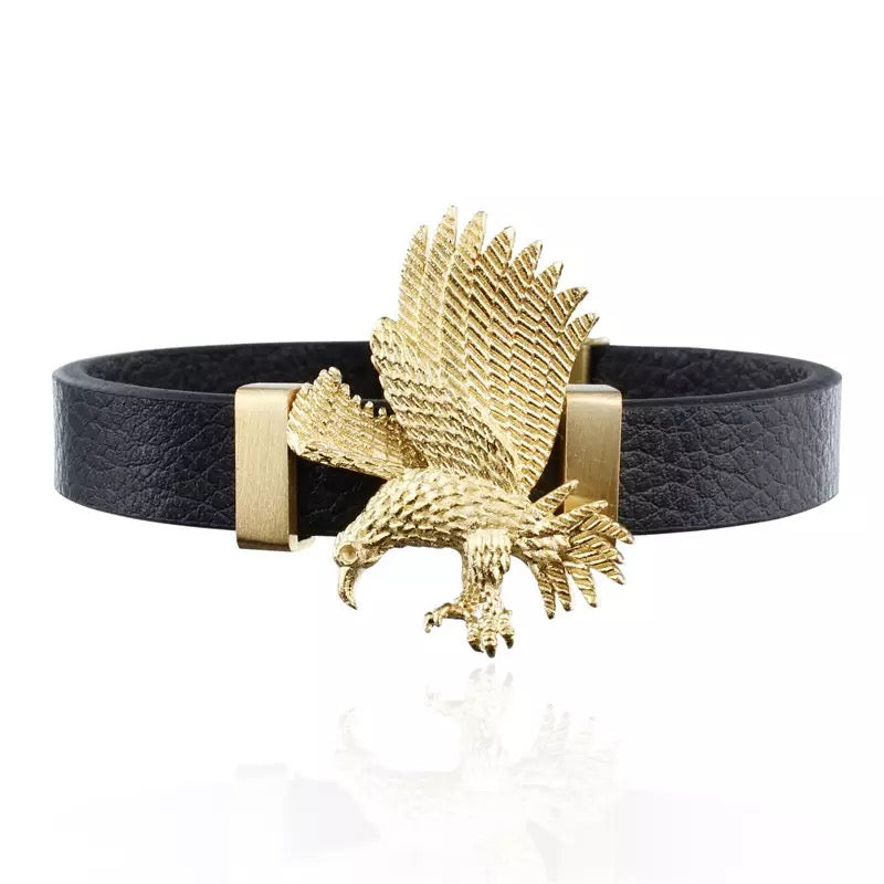 Adjustable Flying Eagle Leather and Steel Bracelet